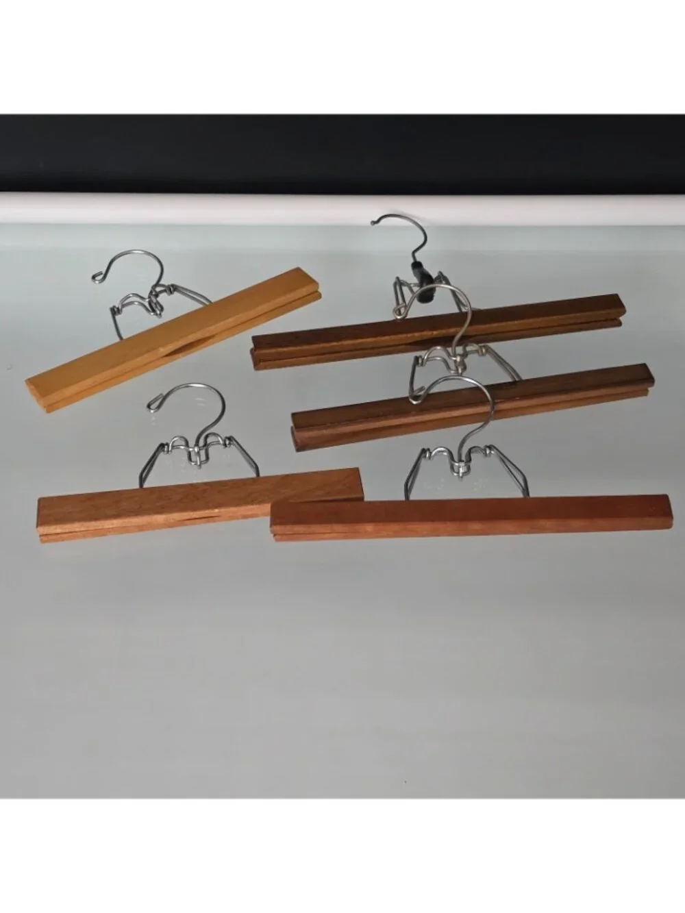 5 Vintage Wooden Clamp Hangers Pants Trousers Skirt Various Sz 12